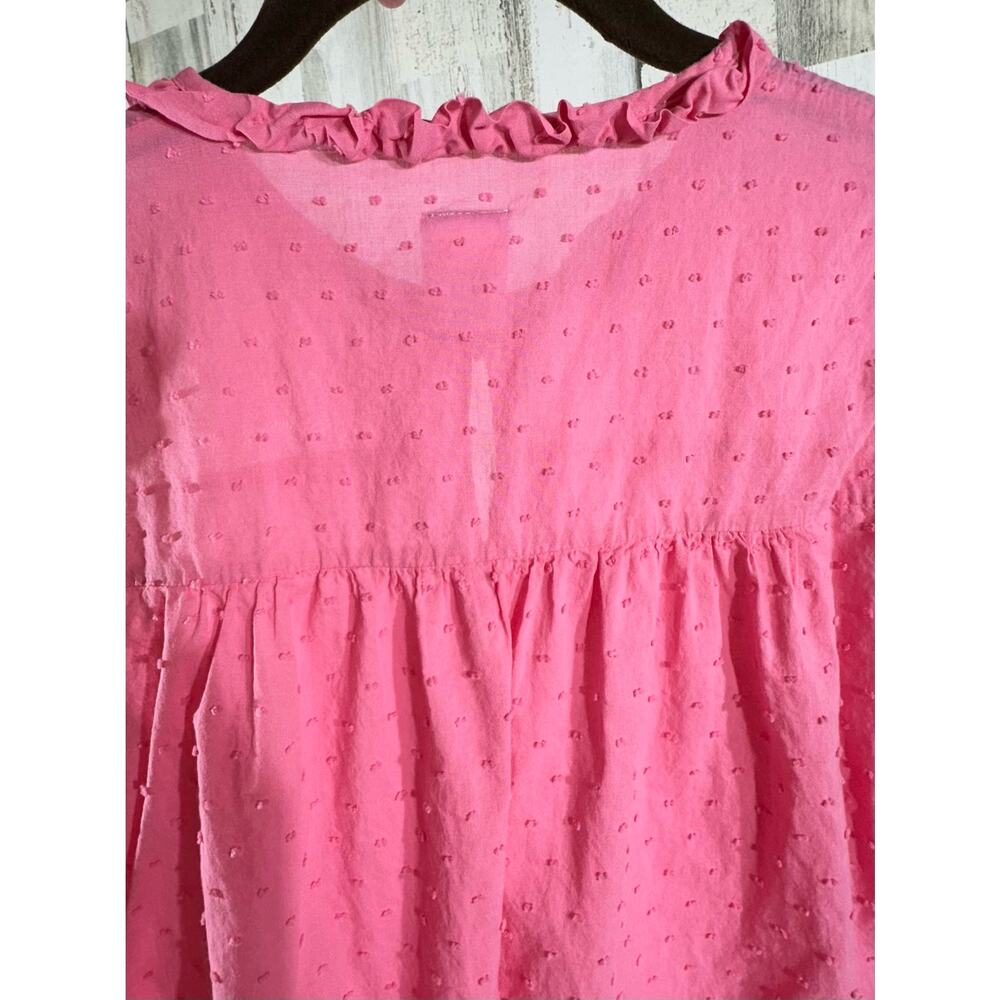 Bella Bliss Womens Top Size Large Pink Swiss Dot Ruffled Neck Sleeve Semi-sheer - Picture 4 of 9